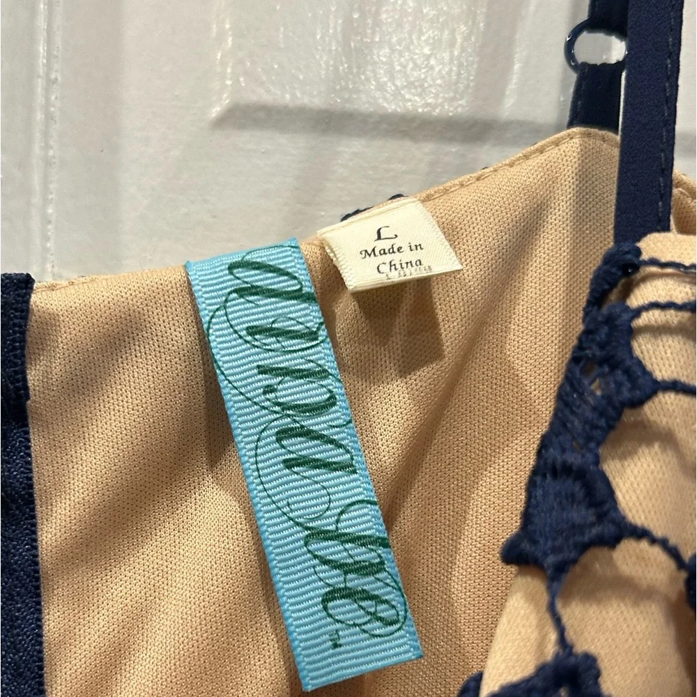 NWT Beautiful beige dress with blue lace overlay - Picture 3 of 5